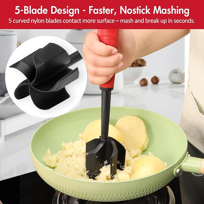 Ourokhome Meat Chopper and Potato Masher, Heat Resistant Nylon Ground Beef Smasher for Hamburger, 5 Curved Blades Nonstick Safe Mixer & Stirrer, Practical Kitchen Gadgets, Black Red