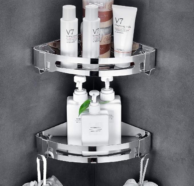 NearMoon Bathroom Shower Caddy 2 Pack, 304 Stainless Steel Shower Organizer with 2 Hooks, No Drill (Corner Shelf, Chrome Finish)
