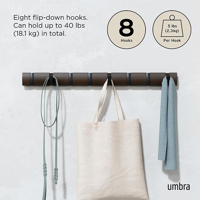 Umbra Flip Wall-Mounted Coat Rack with 8 Hooks – Modern, Space-Saving Storage for Hats, Jackets, Bags, Entryway, Mudroom, Closet, Bathroom, Bedroom – Black/Walnut