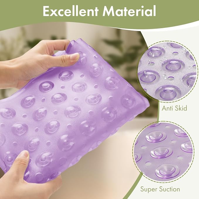 AmazerBath Shower Mat Non Slip 40 x 16 Inches, Shower Stall Mats with Suction Cups and Drain Holes, Non Slip Bath Mat for Tub for Elderly & Kids, Clear Purple