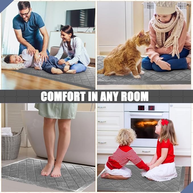 Cushioned Anti-Fatigue Mats, Heavy Duty Kitchen Rugs, 1/2 Inch Thick, Ergonomic Comfort Foam, Gray