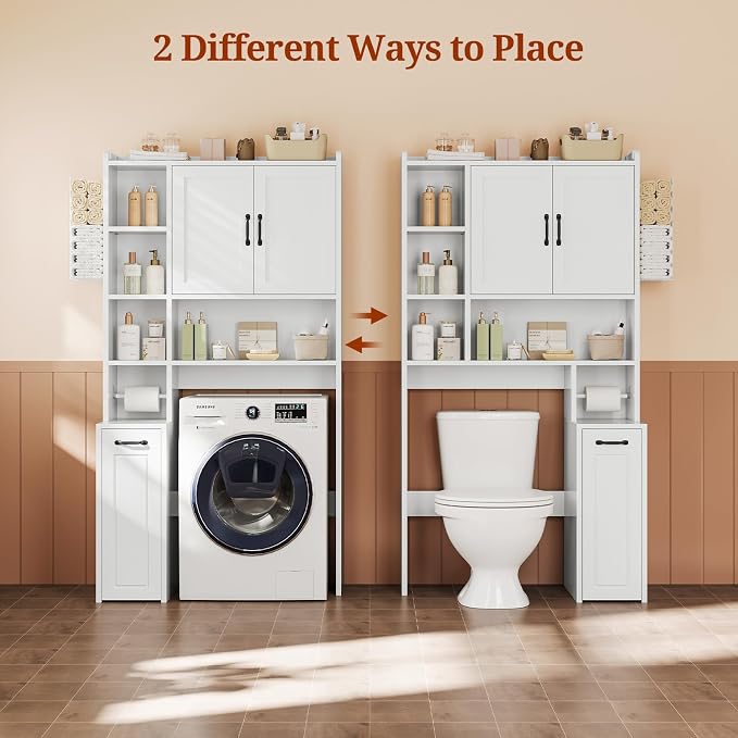 UPOSOJA Over The Toilet Storage Cabinet with Pulley Small Bathroom Storage Cabinet, Space Saver W/Adjustable Shelf & Towel Rack for Bathroom, Restroom, Laundry (White-Type B)