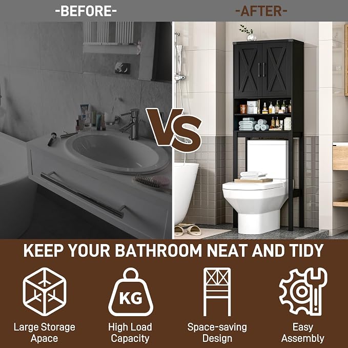 Vabches Over The Toilet Storage Cabinet, Bathroom Organizer with 2 Barn Doors, Farmhouse Space-Saving Toilet Rack with Adjustable Shelf,for Bathroom, Toilet, Laundry Room,Black