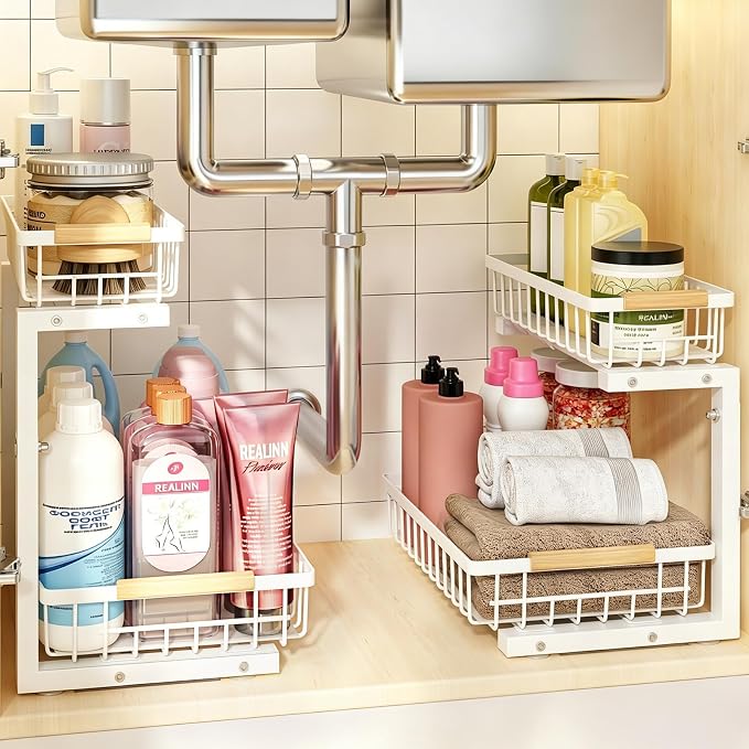 REALINN Under Sink Organizer, 2 Pack Height Adjustable Under Sink Organizers and Storage, 2 Tier Pull Out Drawer Cabinet Storage for Kitchen Bathroom, White