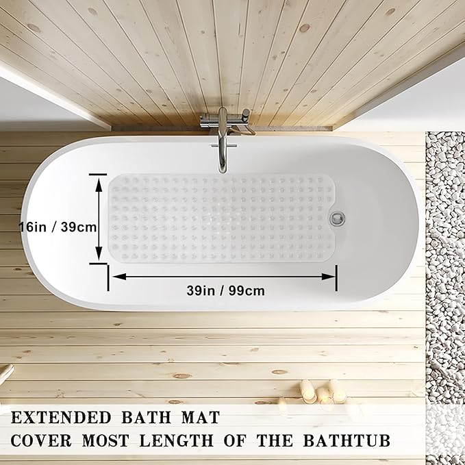 Bathtub and Shower Mats, Extra Long Non-Slip Bath Tub Mat 39 x 16 Inch, Machine Washable Bathmat with Suction Cups & Drain Holes for Bathroom Floor, Clear