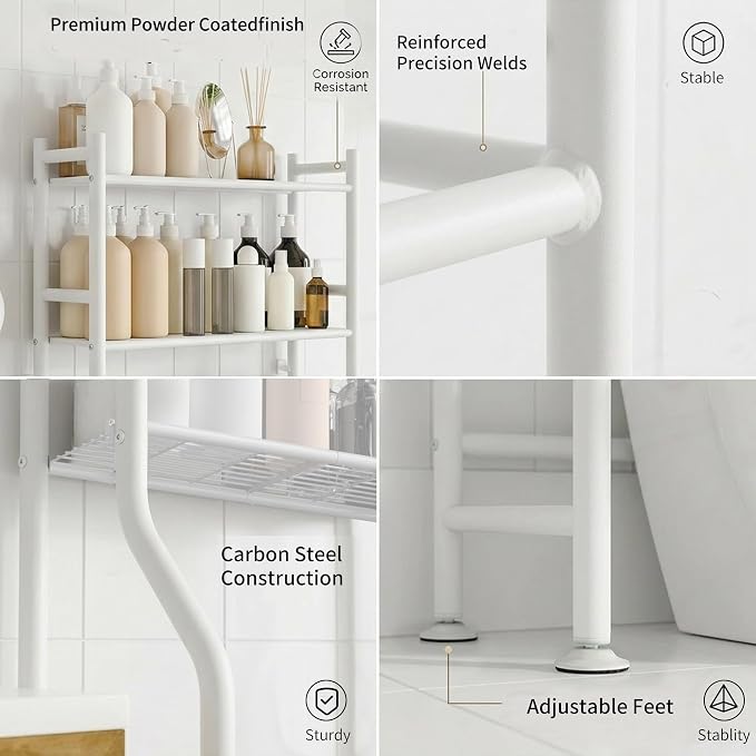 GloTika 3-Tier Over Toilet Storage with Anti-Tilt Safety System - 150lb Total Capacity Metal Bathroom Shelves Including Paper Holder & 4 Hooks, Space Saving Above Commode Organizer (64" H, White)