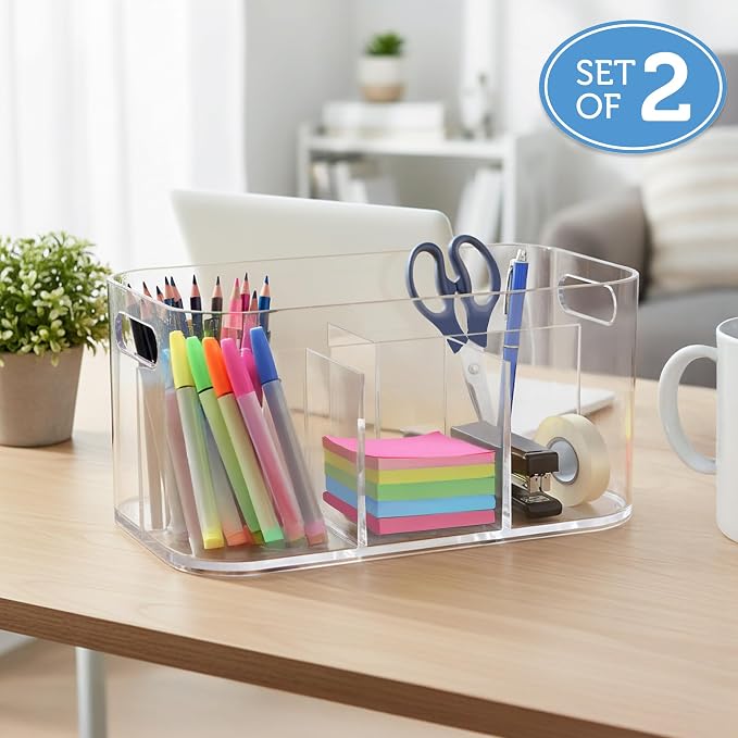 STORi Bliss 5-Compartment Plastic Cosmetics Storage Organizer, Set of 2 | Clear | Rectangular Divided Makeup Bin & Vanity Caddy with Pass-Through Handles | Round Corner Design | Made in USA