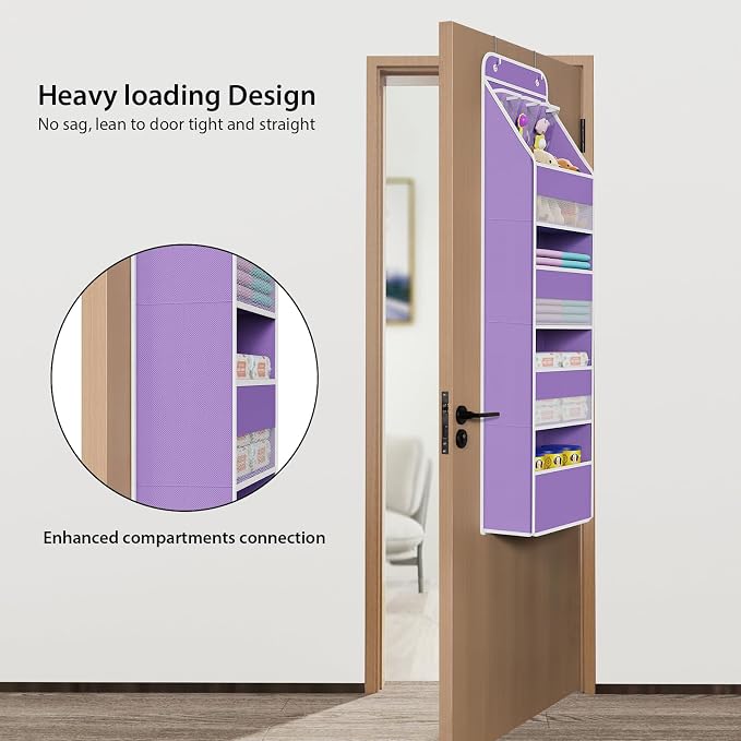 Univivi 5-Shelf Fabric Door Storage Over Door Hanging Organizer with 4 Large Pockets and 3 Small PVC Pockets Nursery Closet Cabinet Wall Mount Hanging Storage Organizers for Baby Nursery (Purple)