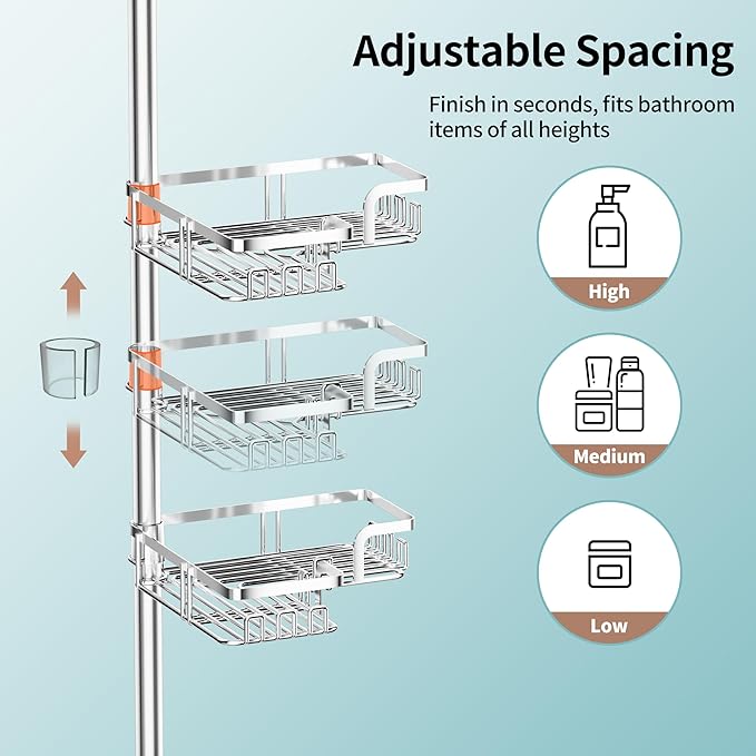 KEGII Shower Caddy Tension Pole – Corner Rustproof Bathroom Organizer with Soap Holder & Hooks, No-Drill Adjustable Shower Shelf for Renters for Families & Renters, 25-114.2 Inch, Silver