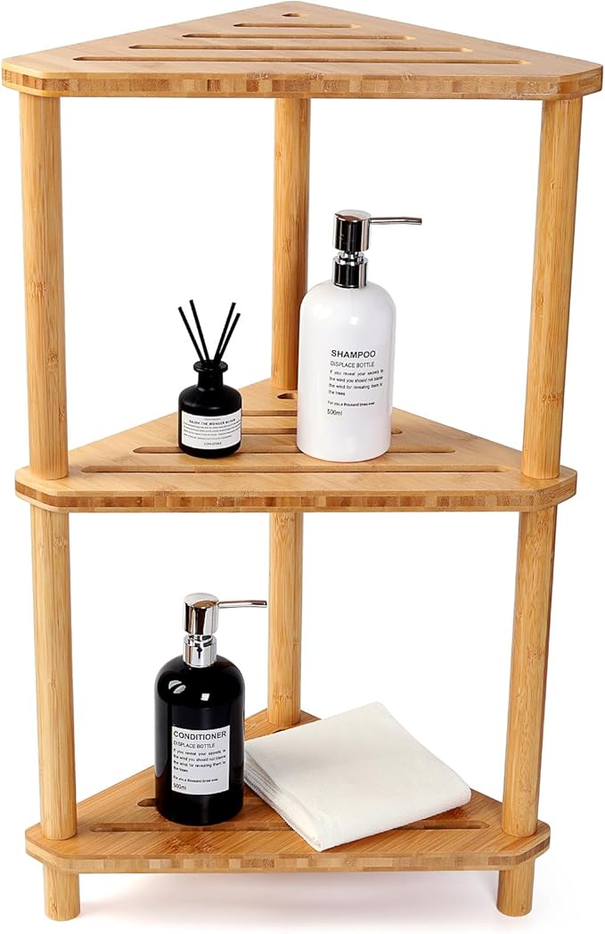 Bamboo Corner Shower Caddy Stand 3-Tier Waterproof,Free Standing Bathroom Corner Shelf Shower Stool Organizer for Inside Shower,Space-Saving Storage Shower Shelves with Anti-Slip Feet