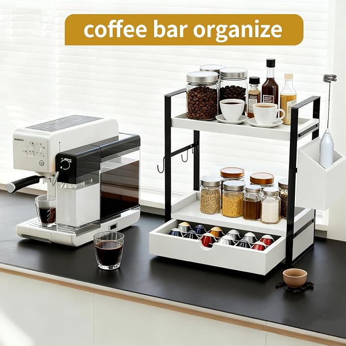 2-Tired Bathroom Counter Organizers and Storage, Bathroom Countertop Organizer with Drawer, Solid Wood Skincare Perfume Organizer for Vanity Kitchen Corner Shelf Office Countertop (White)