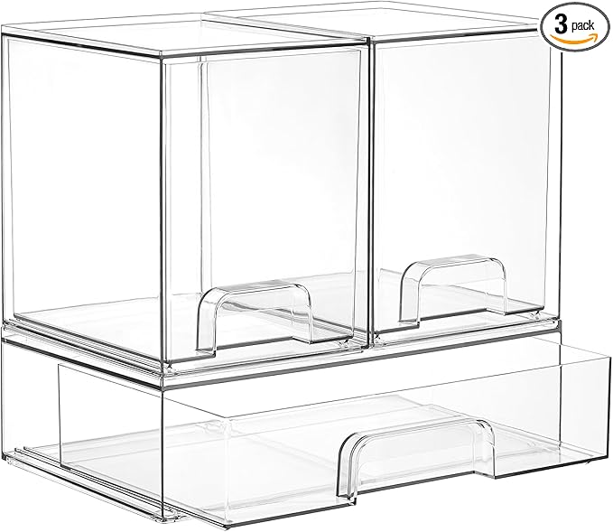 Vtopmart Stackable Storage Drawers Set of 3, Clear Plastic Organizer Bins for Bathroom Supplies, Ideal for Cabinet,Shelf, Pantry, Laundry Room Organization