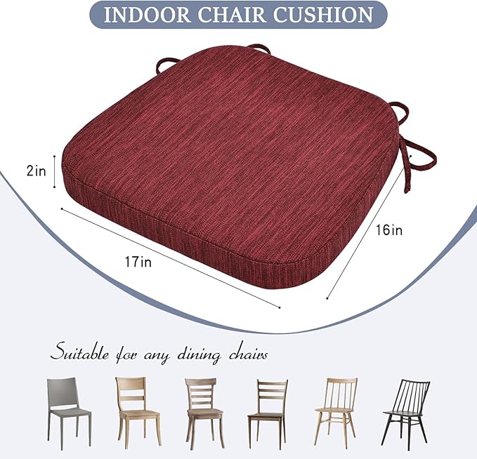 baibu Kitchen Chair Cushions Set of 6, Dual-Layer Patented Design Memory Foam Dining Chair Pads with Ties and Washable Cover, 6 Pack, 17" x 16" x 2", Wine Red