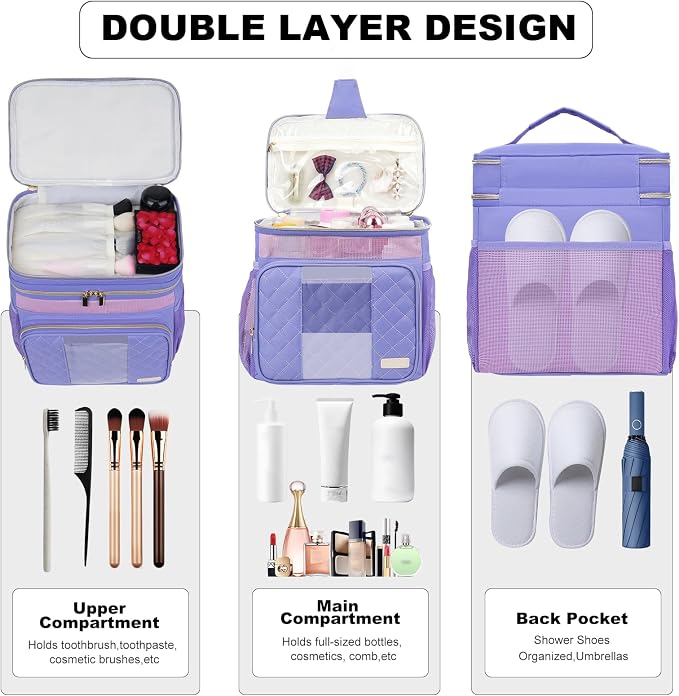 Portable Shower Caddy College Dorm Essentials, Large Toiletry Bag for Women Men, 2 Layers Quickly Dry Mesh Bathroom Tote Bag, Hanging Makeup Organizer Bag for Travel, Gym, Camping (Purple)