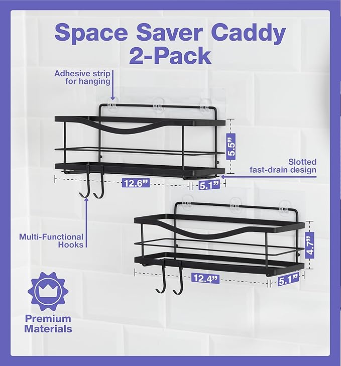 KINCMAX Premium Shower Caddy, Self Adhesive Shower Organizer w/ 4 Hooks, No Drill Shelves for Inside Shower, Rustproof Stainless Steel Shower Rack for Bathroom, Matte Black