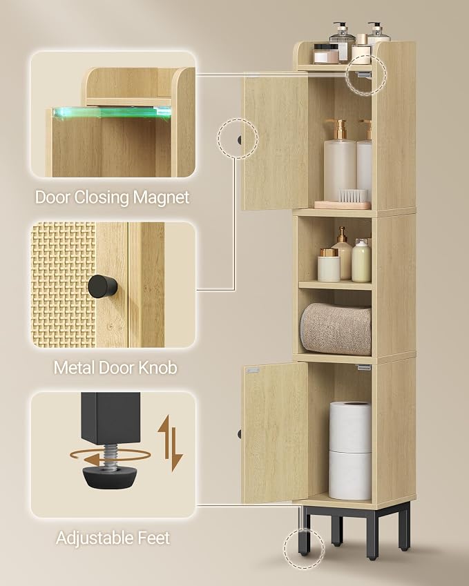 Hzuaneri Slim Bathroom Storage Cabinet, Narrow Bathroom Organizers and Storage with 4 Adjustable Feet, Laundry Room Organization for Small Space, Kitchen, Living Room, 2 Doors Rattan Yellow BC22402Y