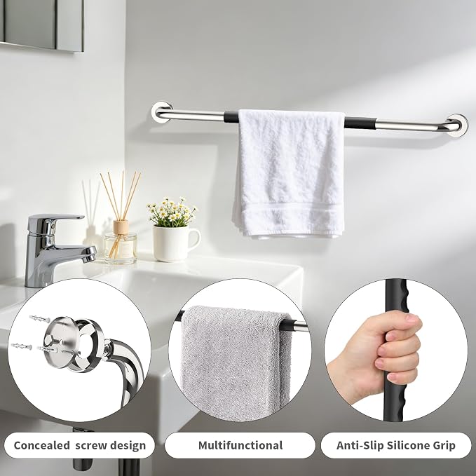 Chrome Bathroom Grab Bar 32 inch, iMomwee Stainless Steel Anti-Slip Shower Handrail for Elderly, Wall Mounted Safety Handicap Bars, Balanced Support Handle Bar for Senior