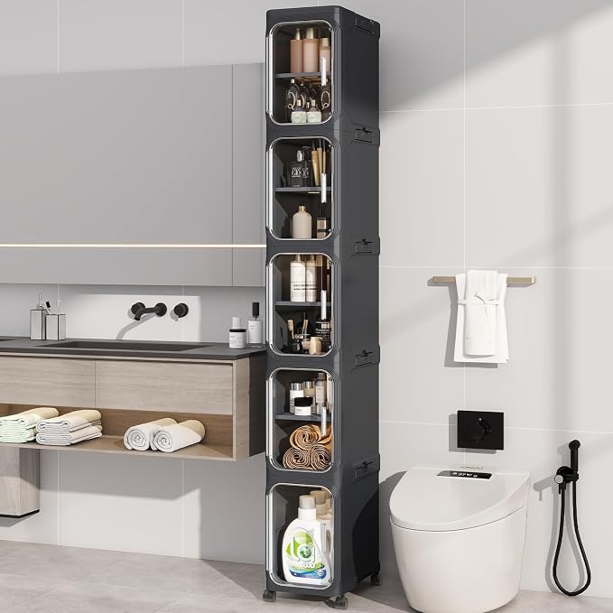 5-Tiers Slim Bathroom Storage Cabinet, Foldable Storage Cabinets,Narrow Bathroom Storage,Movable Bathroom Storage Organizer for Small Spaces,Bathroom,Kitchen,Laundry, Black