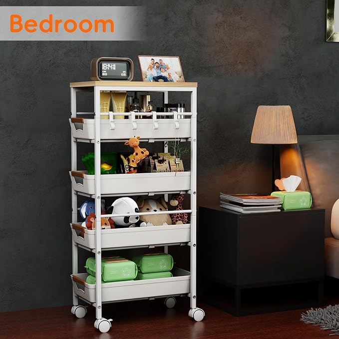 5-Tier Kitchen Storage Cart, Wood Top Rolling Cart Organizer with Pull-Out Baskets & Wheels, Metal Snack Cart with Holder for Fruit, Vegetable, Microwave, Kitchen, Pantry, White