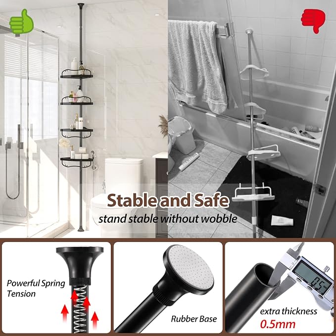 Corner Shower Caddy Tension Pole - Heavy Duty Floor to Ceiling Shower Organizer Tension Pole with 4 Shelves,54"-114” Adjustable Rustproof Stand Rack for Bathtub,Bathroom,Dorm,RV - Black