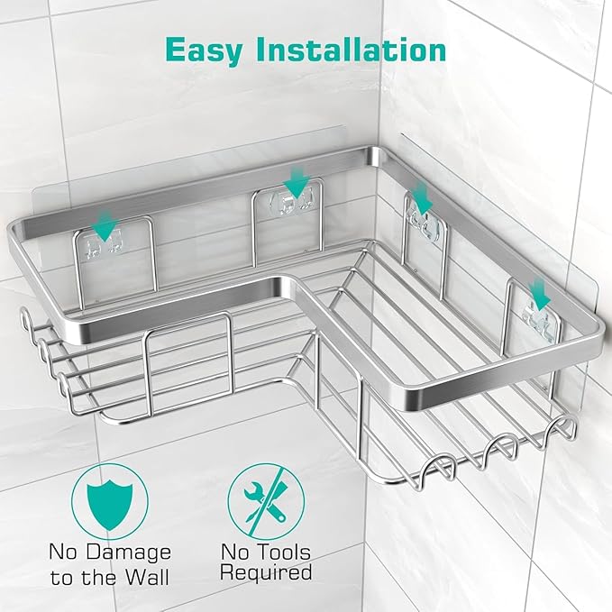 YASONIC Corner Adhesive Shower Caddy, with Soap Holder and 12 Hooks, Rustproof Stainless Steel Bathroom Organizer, No Drilling Wall Mounted Rack, Brushed Silver, 3-Pack