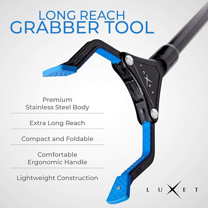Grabber Reacher Tool - Latest Version Luxet 19 Inch Long Steel Foldable Pick Up Stick - Strong Grip Magnetic Tip - Heavy Duty Trash Picker Claw Reacher Grabber Tool for Elderly Wheelchair Mobility Aid