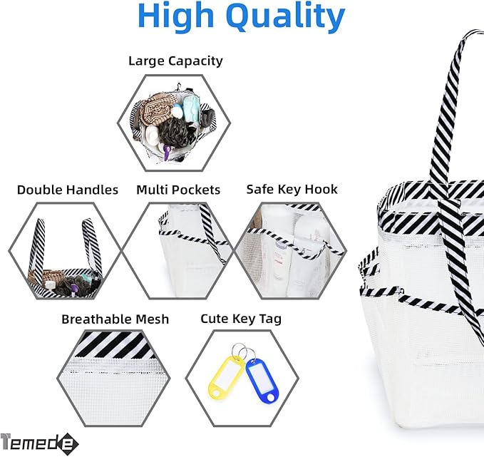 Temede Mesh Shower Caddy Portable for College Dorm Room Essentials, Large Capacity Shower Caddy Basket with 8 Pockets, Quick Dry Shower Tote Bag for Beach, Gym, Bathroom, Camp, Travel-White