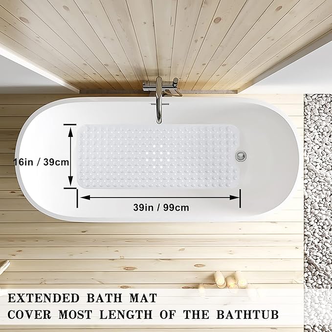 Bathtub and Shower Mats, Extra Long Non-Slip Bath Tub Mat 39 x 16 Inch, Machine Washable Bathmat with Suction Cups & Drain Holes for Bathroom Floor, White