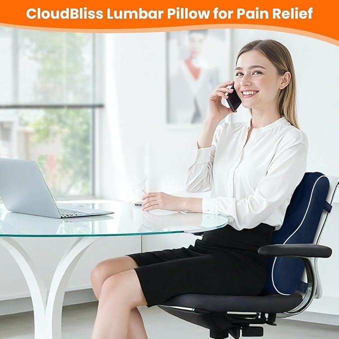 CloudBliss Ergonomic Lumbar Support Pillow Seat Cuhsion - Memory Foam for Lower Back Pain Relief, Adjustable Straps & Mesh Cover for Office, Gaming, Car Seat (XL, Blue)