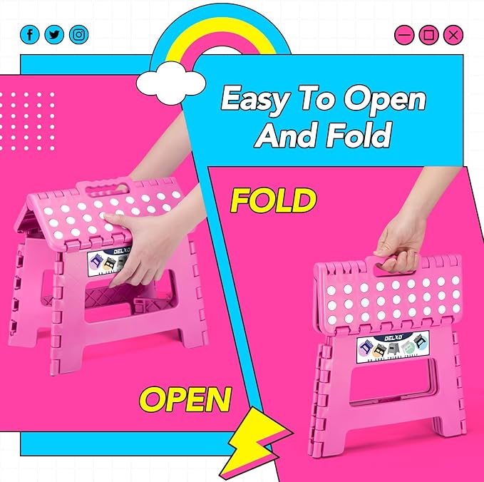 Delxo Folding Step Stool 9 inch Non-Slip Foldable Toddler Stools Up to 300 LBS Kids Step Stool with Handle Lightweight for Kitchen, Bathroom, Bedroom, Garden, Rose Pink, 1PC