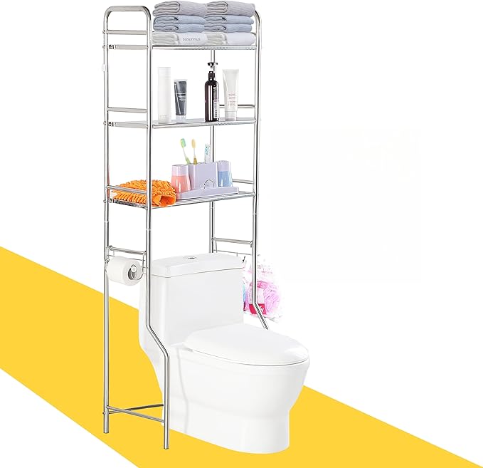 susunnus Over The Toilet Storage 3 Tier S,Bathroom Shelves Over Toilet,Freestanding Space Saver with Toilet Paper Holder,Stainless Steel,Pragmatic, Sturdy,Waterproof,Silver
