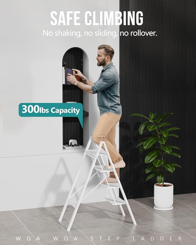 WOA WOA 4 Step Ladder, Foldable Step Stool, Aluminum Lightweight Ladder for Home Kitchen Closet, Anti-Slip Pedals, Ease of Folding, Portable, 300lbs Capacity - White