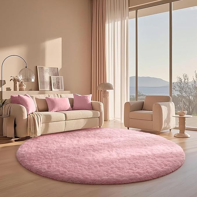 Ophanie Round Rugs 6Ft Pink Circle Area Rug, Fuzzy Bedroom Carpet, Large Shag Plush Floor Kawaii Christmas Living Room Rugs 6 Foot,Cute Room Decor for Kids Teen Girls Baby Home Aesthetic,Nursery