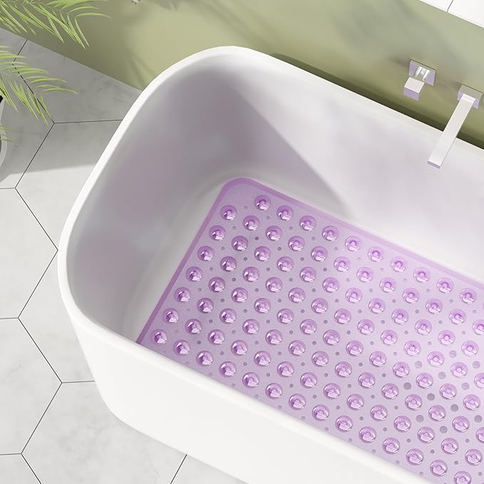 AmazerBath Shower Mat Non Slip 40 x 16 Inches, Shower Stall Mats with Suction Cups and Drain Holes, Non Slip Bath Mat for Tub for Elderly & Kids, Clear Purple