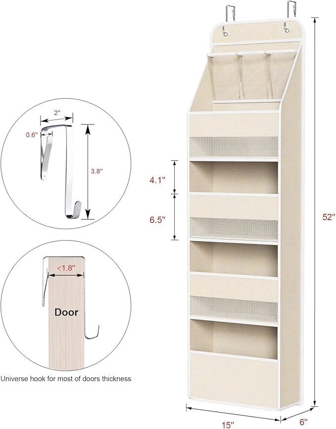 Univivi 5-Shelf Over Door Hanging Organizer Fabric Door Storage with 4 Large Pockets and 3 Small PVC Pockets Wall Mount Hanging Storage Organizers for Baby Nursery (Beige Pattern)