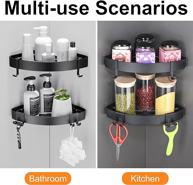 DUFU Adhesive Corner Shower Caddy with Hooks,Bathroom Shower Organizer, No Drilling Rust Proof Aluminum Shower Shelf for Inside Shower 2 Pack (Black)