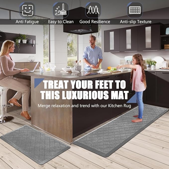 Cushioned Anti-Fatigue Mats, Heavy Duty Kitchen Rugs, 1/2 Inch Thick, Ergonomic Comfort Foam, Gray