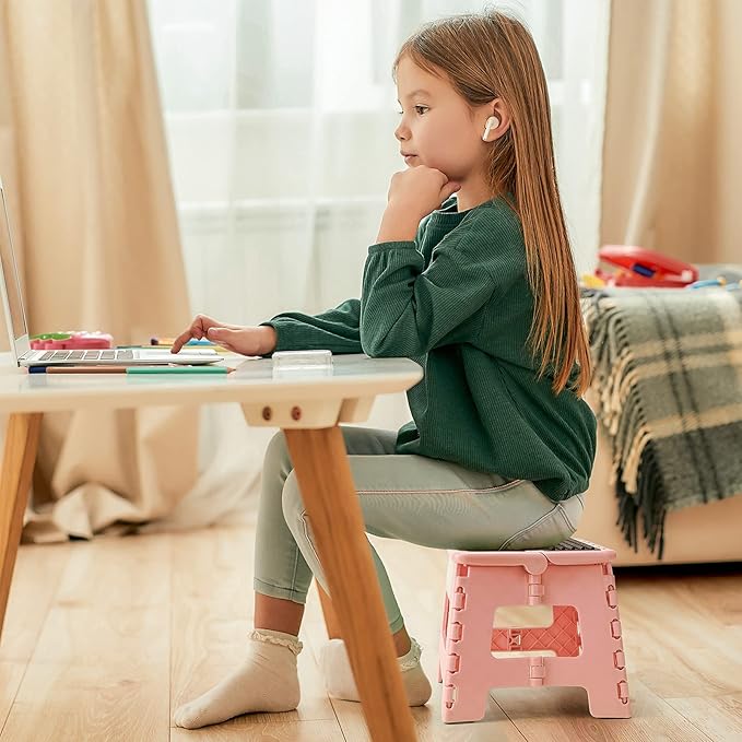 Flottian 9" Folding Step Stool for Adults and Kids Holds Up to 300 lbs,Non-Slip Folding Stools with Portable Handle, Compact Plastic Foldable Step Stool for Bathroom,Bedroom, Kitchen Sakura Pink