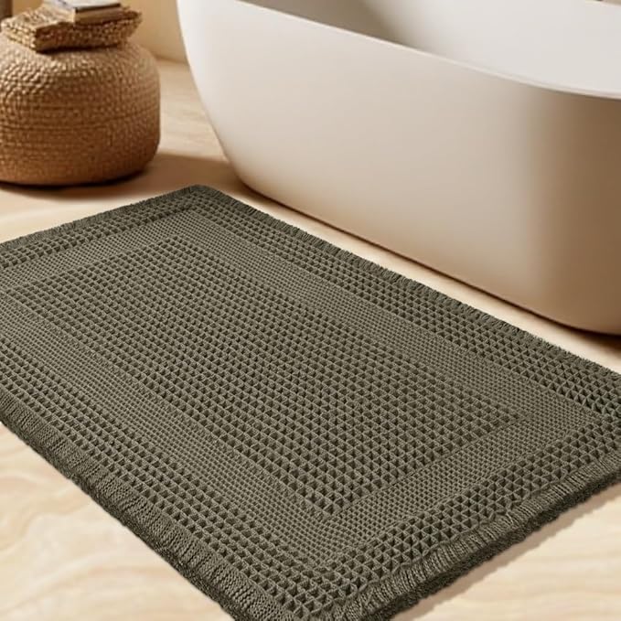 Upgrade Waffle Bath Mat, Greyish Green 32"x20", Boho Bathroom Rugs Absorbent Non Slip, Ultra Soft Bathroom Mat, Machine Washable Knit Bath Rugs with Tassels for Bathroom, Bedroom, Kitchen, Shower