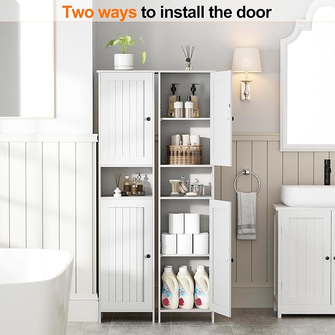 Homleke Tall Bathroom Storage Cabinet with 2 Doors, 67"H Narrow Storage Cabinet with Adjustable Shelves& Anti-Tip Design, Reversible Door Installation, Easy Assembly, 11.8 x 15.7 x 66.9 Inches, White