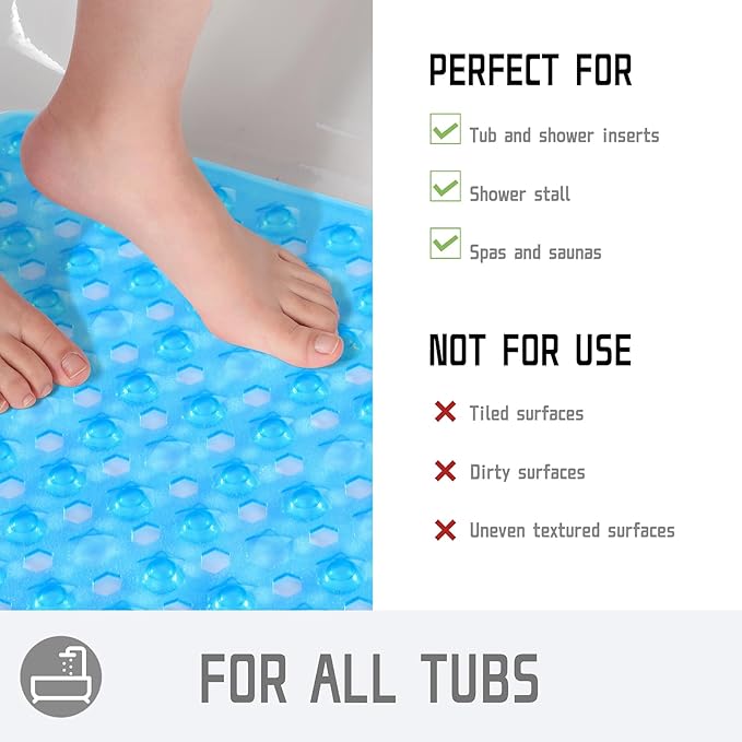 Yimobra Square Shower Floor Mat Non Slip, 21"X21" Machine Washable Bath Tub Mat, Soft on Feet, Bathmat with Drain Holes and Suction Cups, Fast Draining, Clear Blue