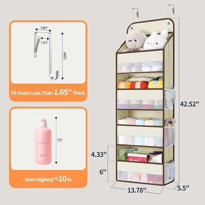 Yecaye Over The Door Organizer, Heavy Duty Hanging Organizers and Storage with 4 Large Capacity Pockets, Swing-Proof Behind The Door Storage for Bathroom Nursery Bedroom Dorm Closet, Beige,1Pc