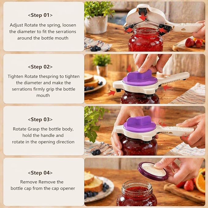 4-in-1 Multi-Purpose Jar Opener – Upgraded Adjustable Three-Claw Bottle Opener with Non-Slip Teeth, Multi-Size Lid Tool for Jars, Cans, Wine Bottles – Essential Kitchen Helper（Brown）