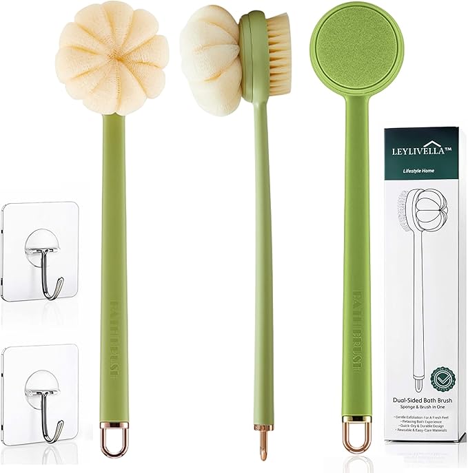 Back Scrubber for Shower with Long Handle (15.7”) – Dual-Sided Bath Brush with Loofah Sponge, Replaceable Heads, Easy Reach for Back & Body, Includes 2 Wall Hooks