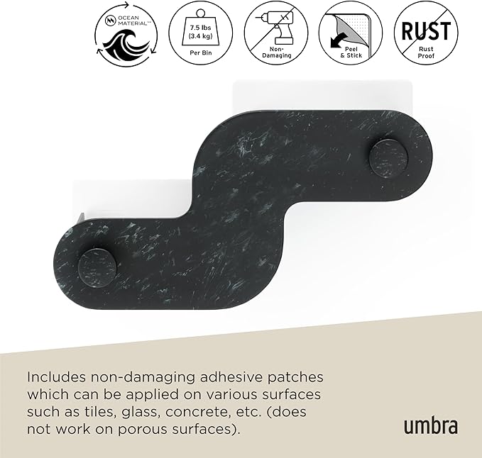 Umbra Nami Shower Caddy Set of 2 – Adhesive Shower Shelf, No Drill Wall Mounted Bathroom Organizer, Rust-Free Plastic Shower Storage Baskets for Shampoo & Toiletries, Ocean Black