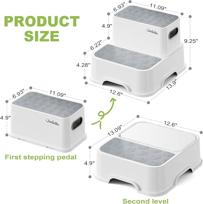 2-Pack Step Stool for Kids – Non-Slip Toddler Step Stool for Bathroom Sink & Potty Training – Heavy Duty 200 lbs, Includes Faucet Extender & Duck Bath Toys (Gray White)