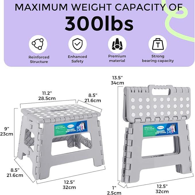 Dyforce 9" Folding Step Stool for Kids and Adults, Collapsible Light-Weight Foot Stools Foldable for Toddler, Kitchen, Bathroom, 300 lb Capacity (Grey)