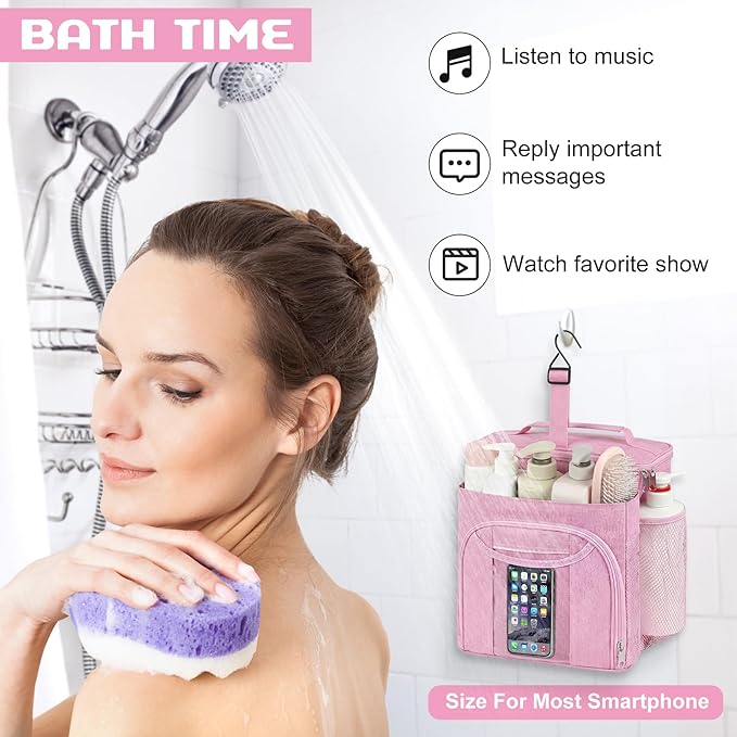 Attmu Shower Caddy Portable, Hanging Shower Bag for Dorm Room College, Large Capacity Quick Dry Mesh Tote Bag for Travel Camping Essentials (Light Pink)
