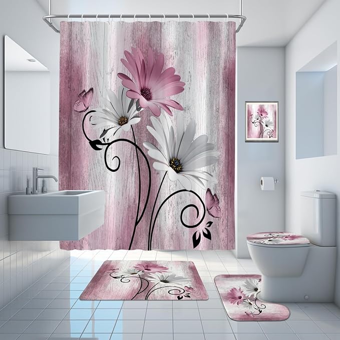 Onalasyc 4PCS Pink Daisy Flowers Butterfly Shower Curtain Set with Shower Curtain and Carpet and Accessories, Waterproof Bathroom Shower Curtain Decorative Set with 12 pcs Hooks,71 x 71in
