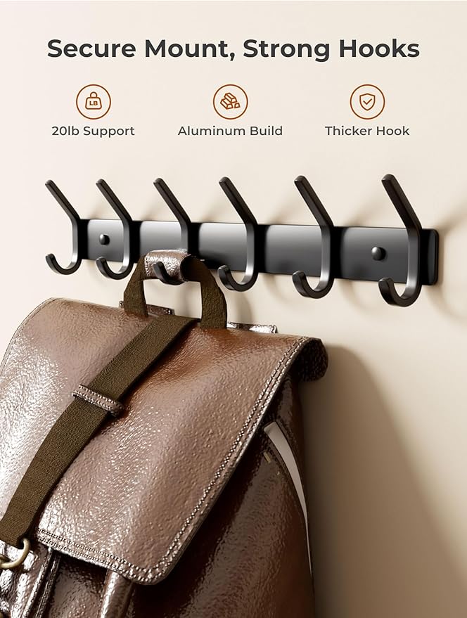 GWAAZXGZ Coat Rack Wall Mount Hooks - 15 Inch Matte Black Metal 6-Hook Organizer Wall Mounted, Modern Kids Room, Entryway & Bathroom Hanger for Beach Towels, Coats, Purses, Bags (1 Pack)